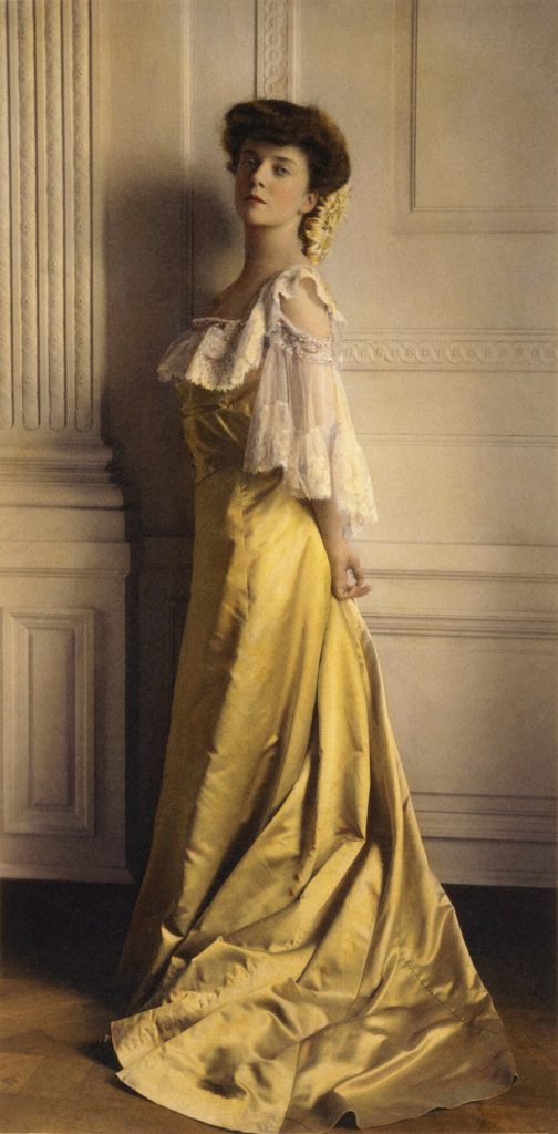 Hand-tinted photograph of Alice Roosevelt, taken 1903. A striking beauty, her outspokenness and antics won the hearts of the America people who nicknamed her "Princess Alice" Source Library of Congress